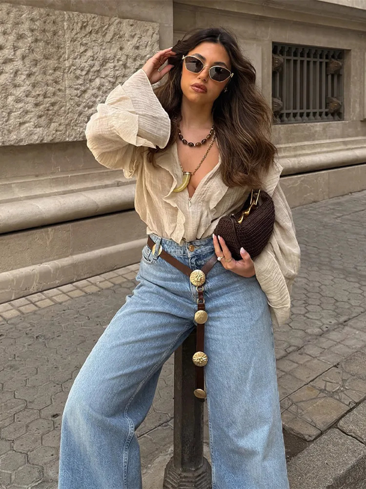 Chic Ruffle Chiffon Top Women Fashion Matching O-neck Flare Sleeves Zippers Tops Female 2025 Spring Summer Casual Lady Shirts 250513