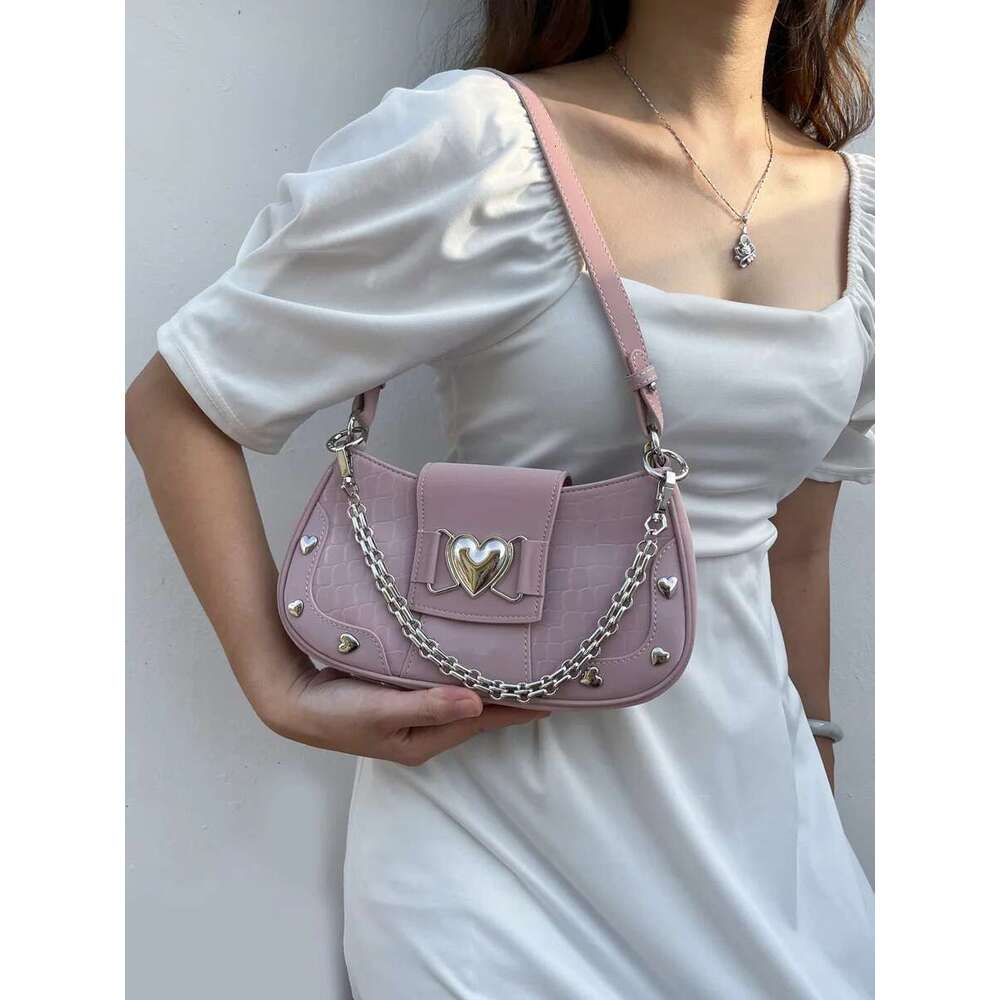 JIAERDI Hot Grils Y2k Handbag Women Vintage Sweet Cool Heart Chain Pink Underarm Female Fairycore Aesthetic Shoulder Bag New