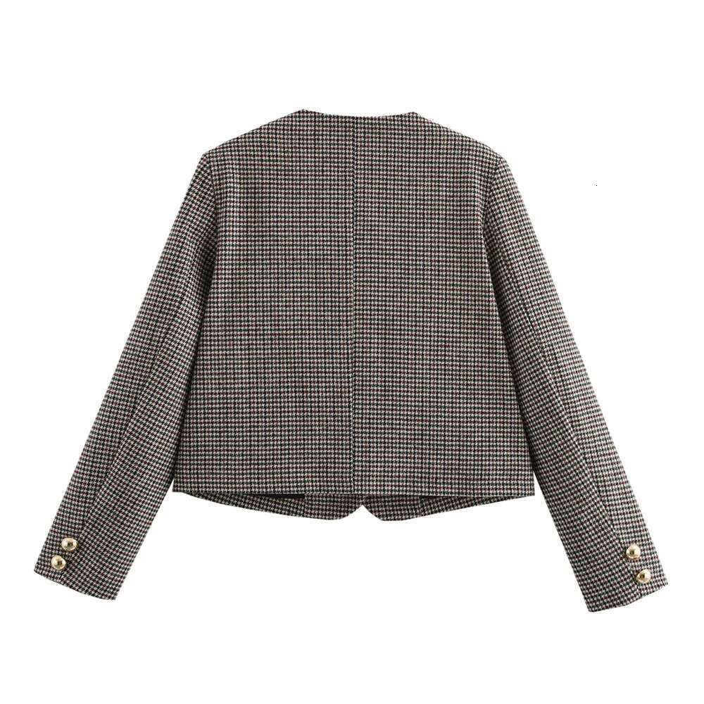 BM&MD&ZA Women's Cropped Checkered Jacket with Gold Buttons Classic Plaid Pattern Long Sleeves for a Stylish Look