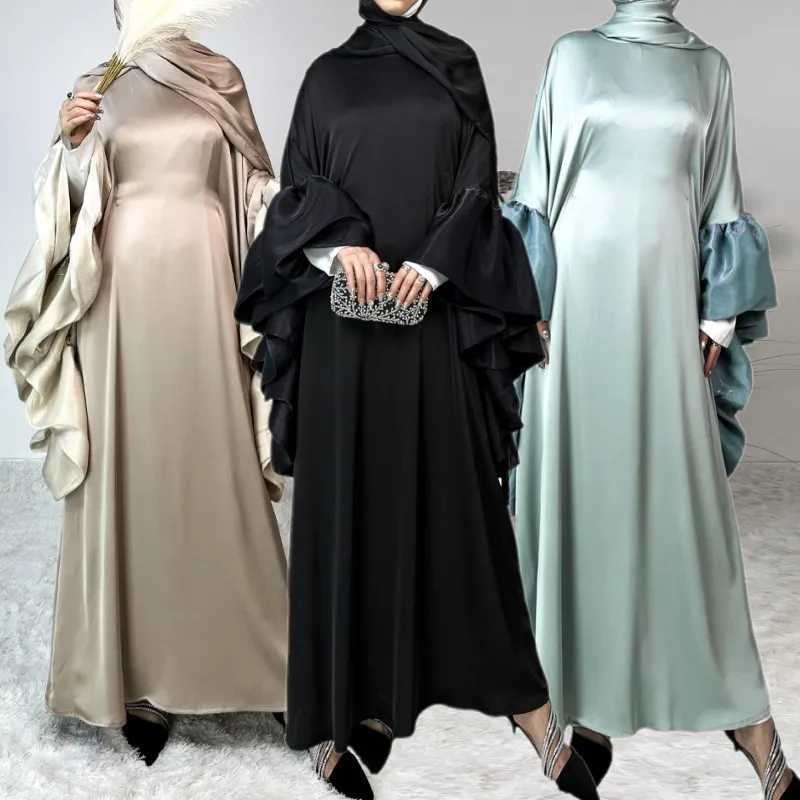 2025 Eid Muslim Abaya Dubai Elegant Ruffle Slve Evening Dresses Arab Satin Robe Moroccan Maxi Islamic Turkey Clothes Kaftan Ramadan X2505141