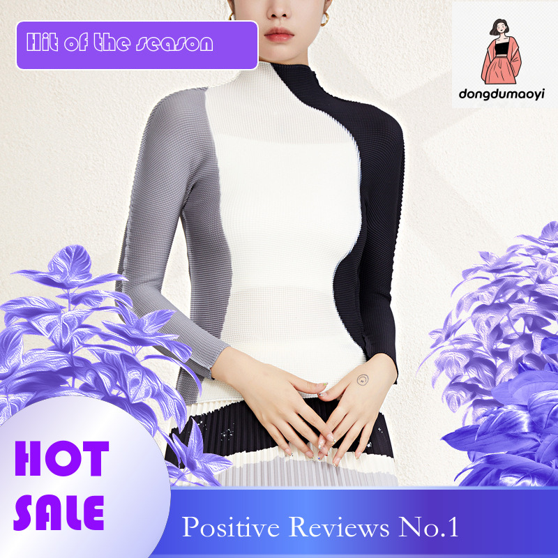dongdumaoyi High end polo shirt, Miyake stretch T-shirt, light pleated top, women's long sleeved shirt