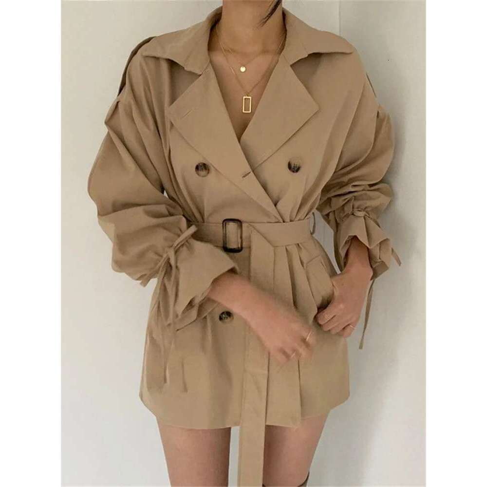 REALEFT New Autumn Winter Khaki Minimalist Women's Coat Sashes Windbreaker Loose Flare Sleeve Double Breasted Trench