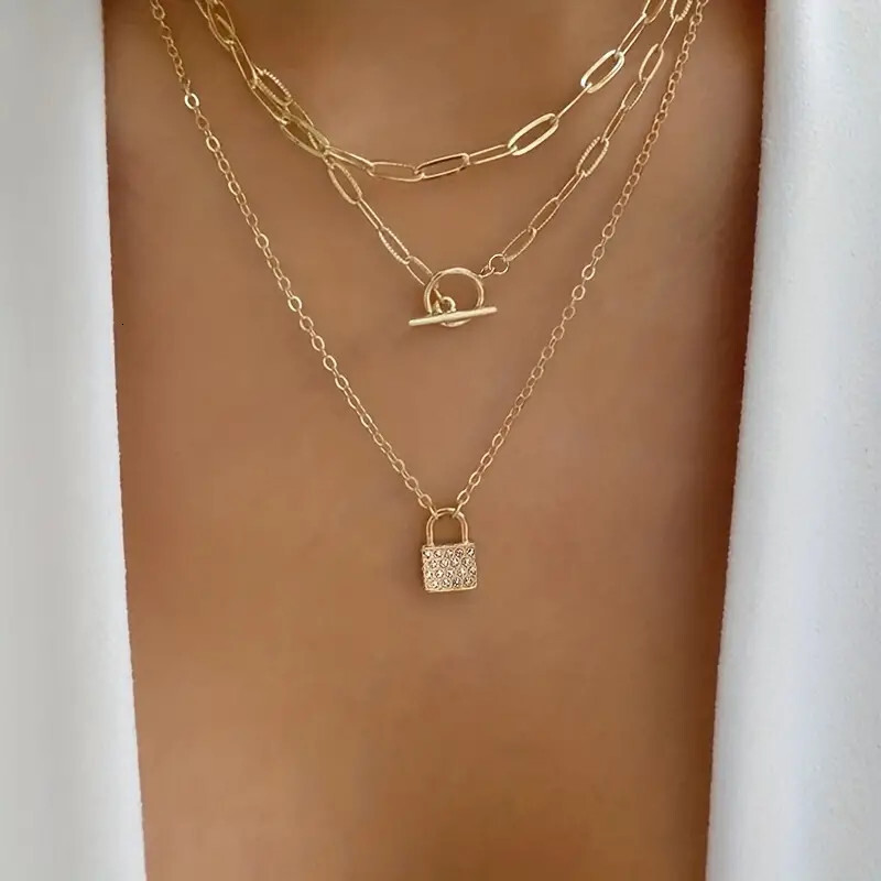 Personalized jewelry with studded lock shaped pendant, multi-layer necklace, women's chain, collarbone chain item