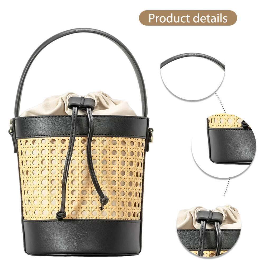 Straw Beach PU Leather Bucket Summer Hollow Shoulder Bag Holiday Travel Handbag for Women