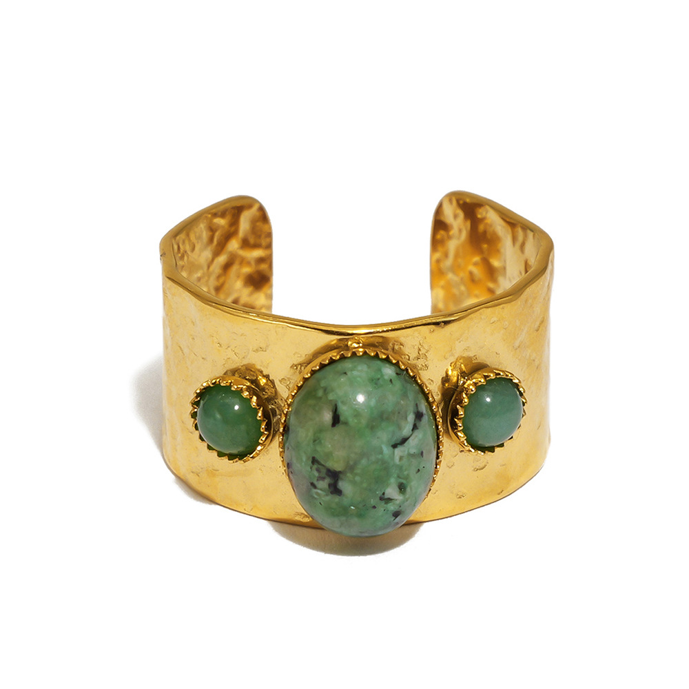 European style stainless steel natural stone ring with 18K gold plating, irregular design, wide open cuff ring for women.