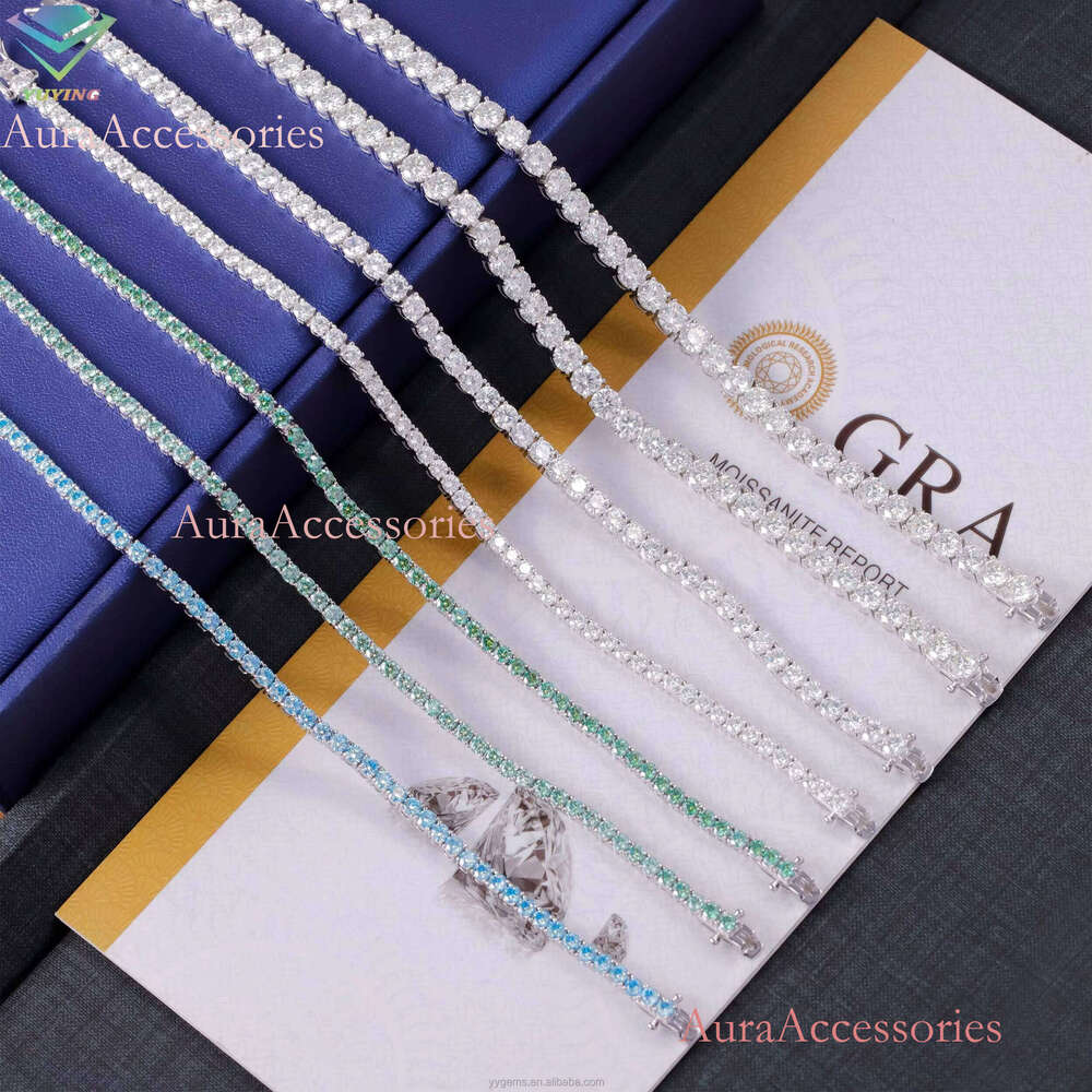 In Stock 3MM 4MM Fancy 100% Pass Tester Sterling Sier Green Blue Moissanite Tennis Bracelet