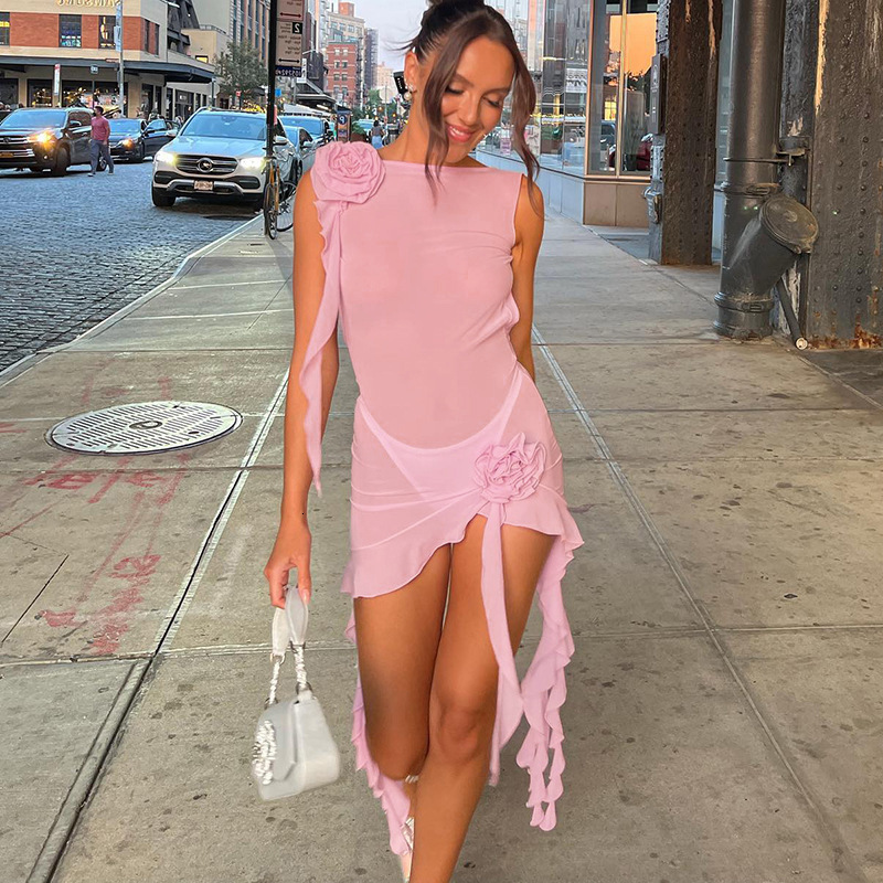 Wind 2023 spring and summer new womens fashion one-line collar sexy backless perspective mesh dress women