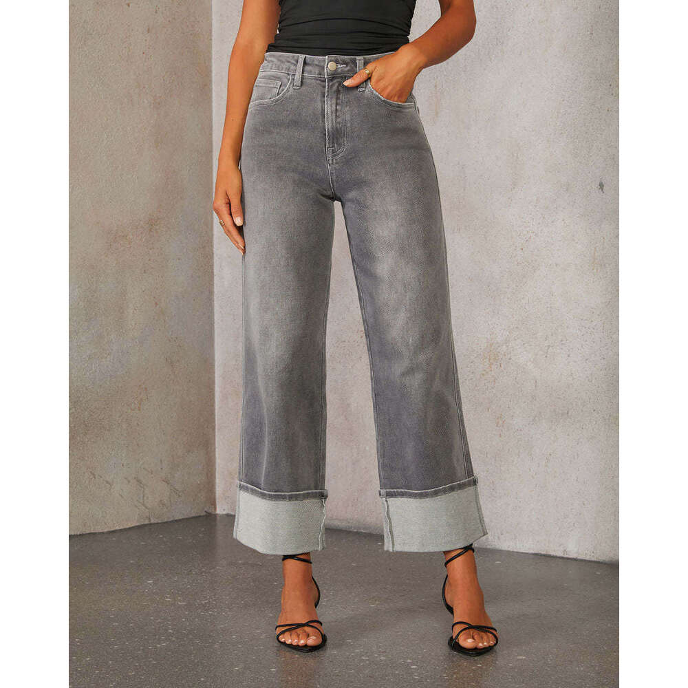 2025 Spring New Elastic Straight Leg Jeans for Women Quality Edition with Curled Edges and High Waist Pants Discount in Limited Time Fashionable Solid