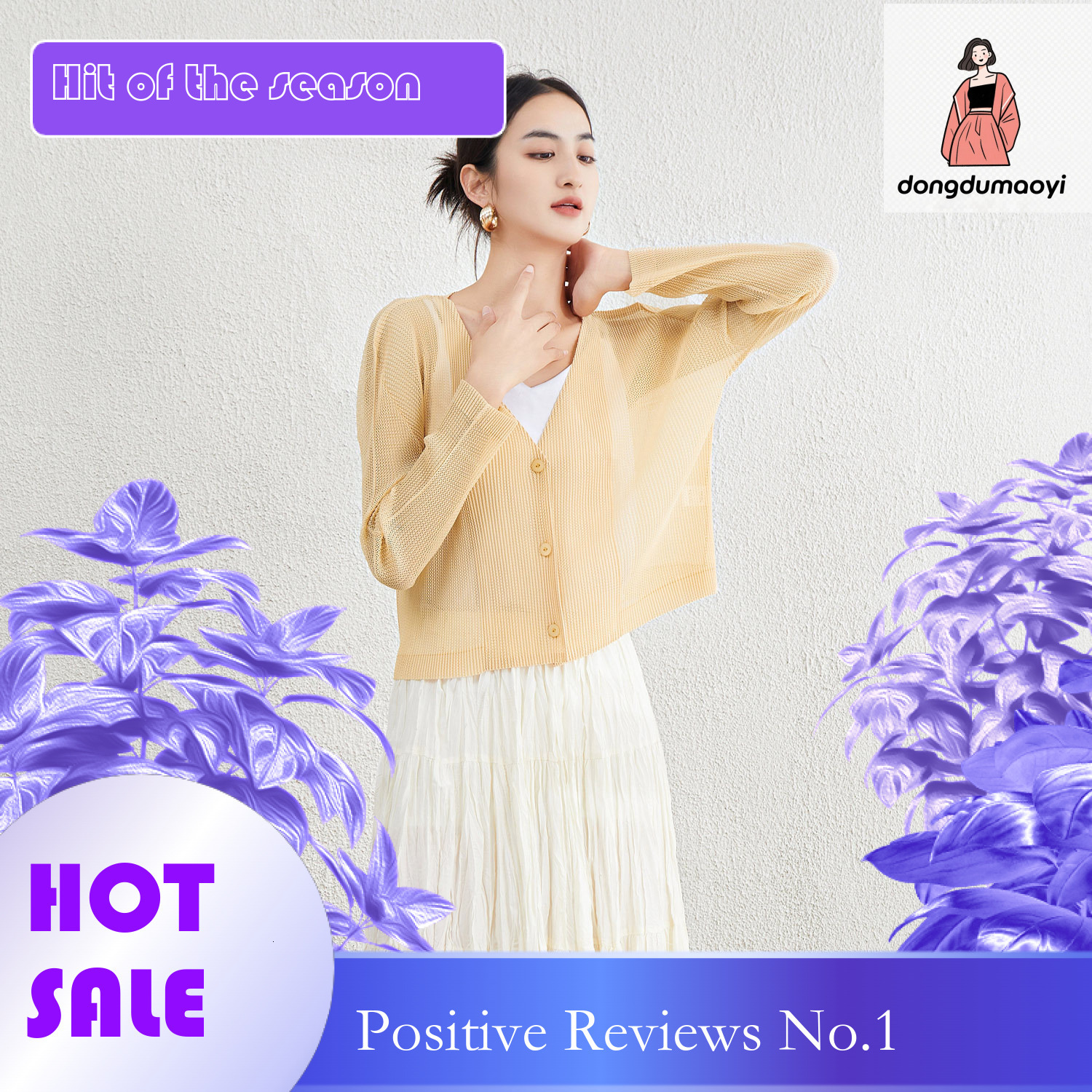 dongdumaoyi Mesh V-neck short knitted cardigan long sleeved thin jacket air-conditioned shirt 2024 summer new three bedroom exterior pleated top