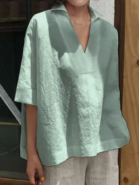 2025 Autumn Cotton Linen Women Top White Solid Half Sleeve V-neck Loose Casual Blouse Female Summer All-match Shirt Lady Clothes 250513
