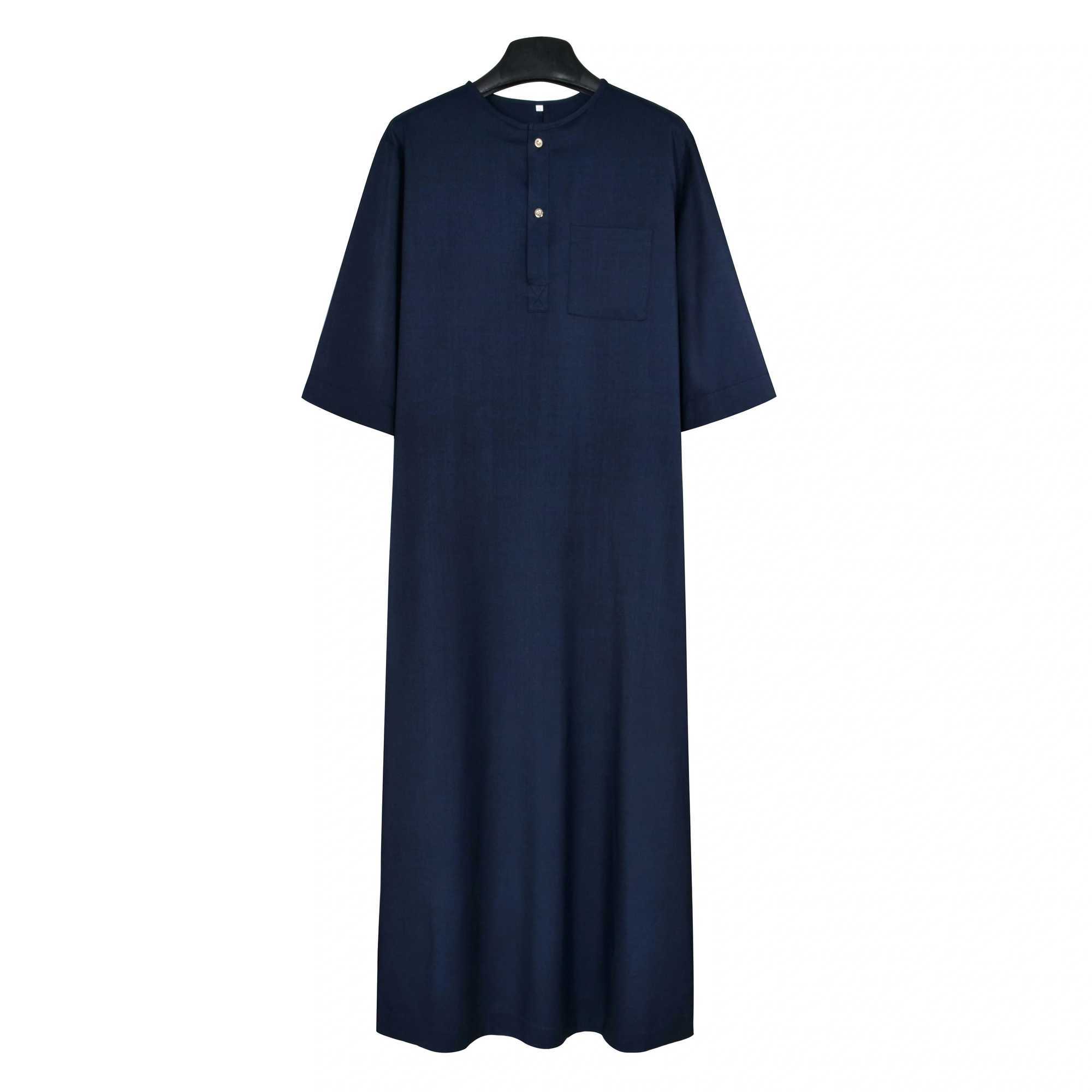 High end Moroccan style mens robe retro dignified solid color robe standing collar short sleeved Muslim daily mens robe X250514