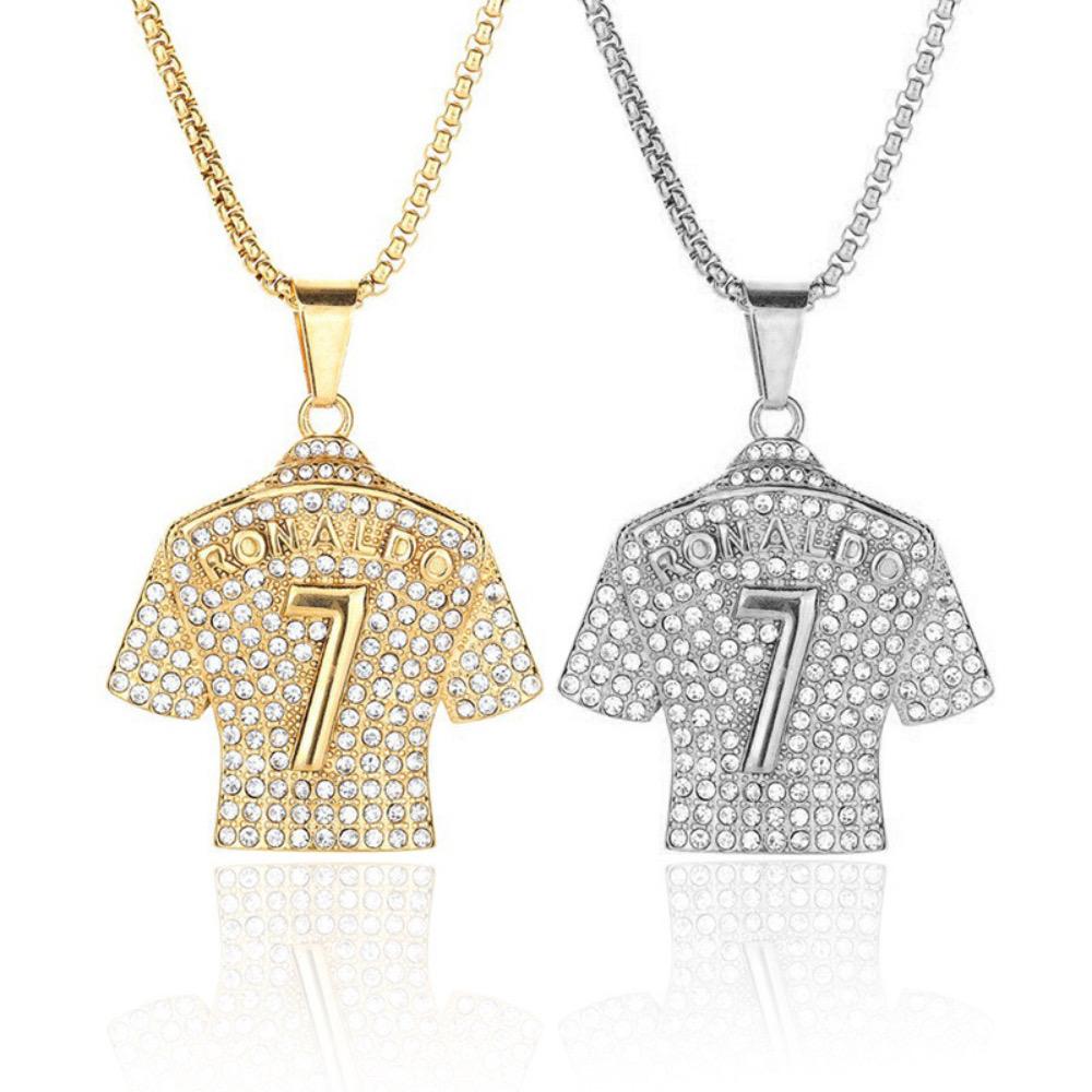 2Pcs Cristiano Ronaldo CR 7 Jersey Full Zircon Pendant Chain Necklace For Men Boy Soccer Fans Hip Hop Jewelry Accessories