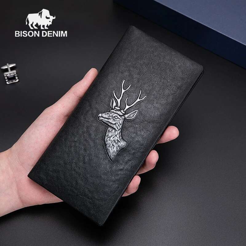 BISON DENIM Genuine Leather Men's Long Card Holder New Designer Brand Cowhide Handbag Men Gift Purse Wallet