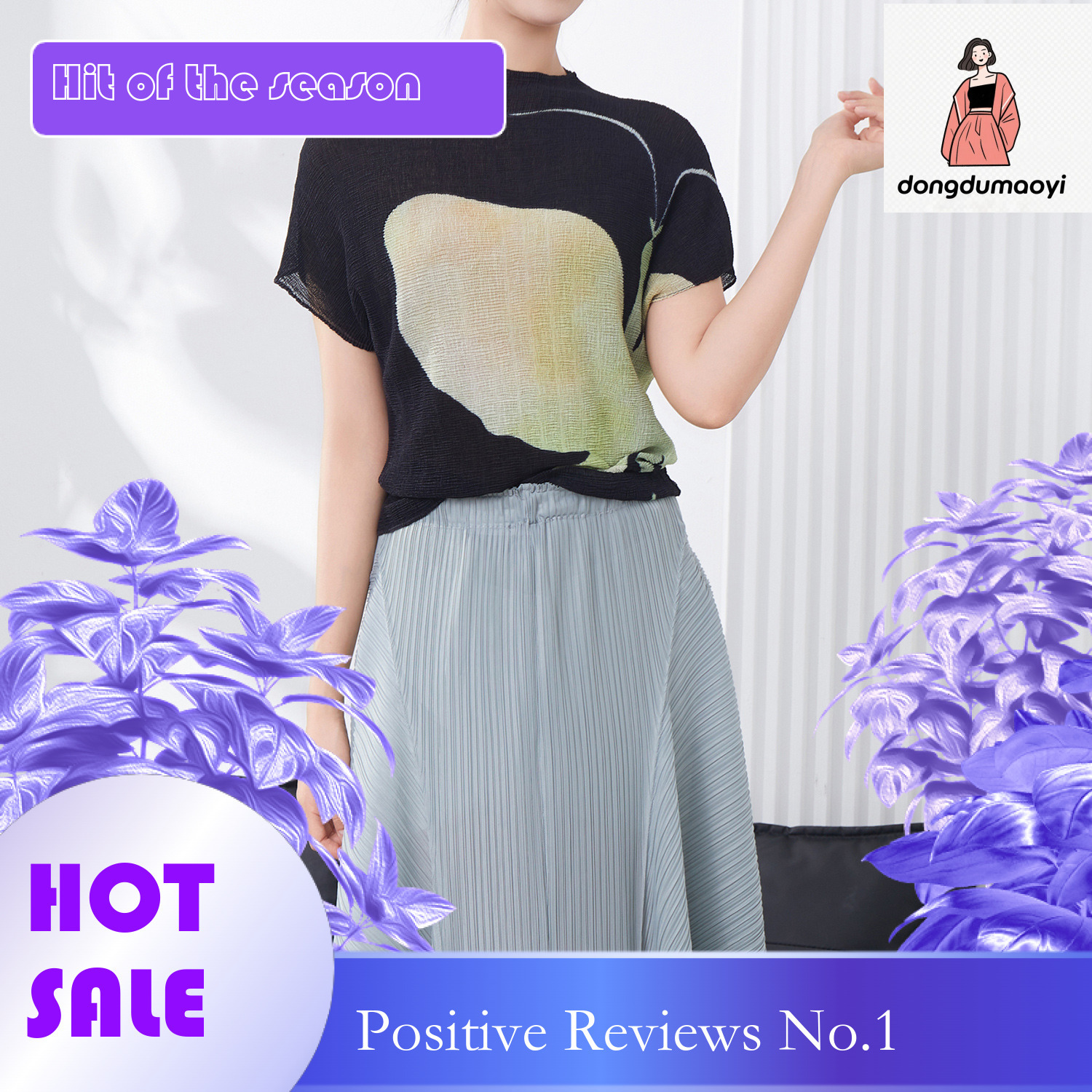 dongdumaoyi Nanyou women's clothing design sense printed short sleeved T-shirt new versatile summer round neck high-end feeling slimming pleated 