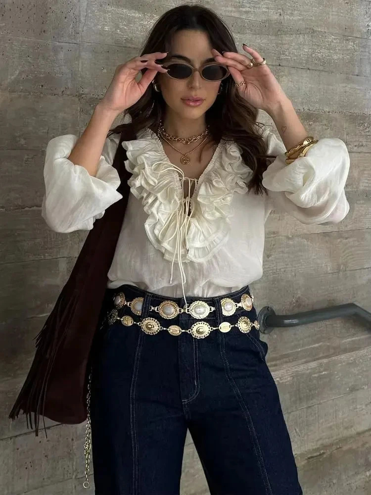 TRAFZA Elegant Womens Retro Vneck Ruffle Trim Long Sleeve Shirt Summer Casual Top Fashion Translucent Thin 250514