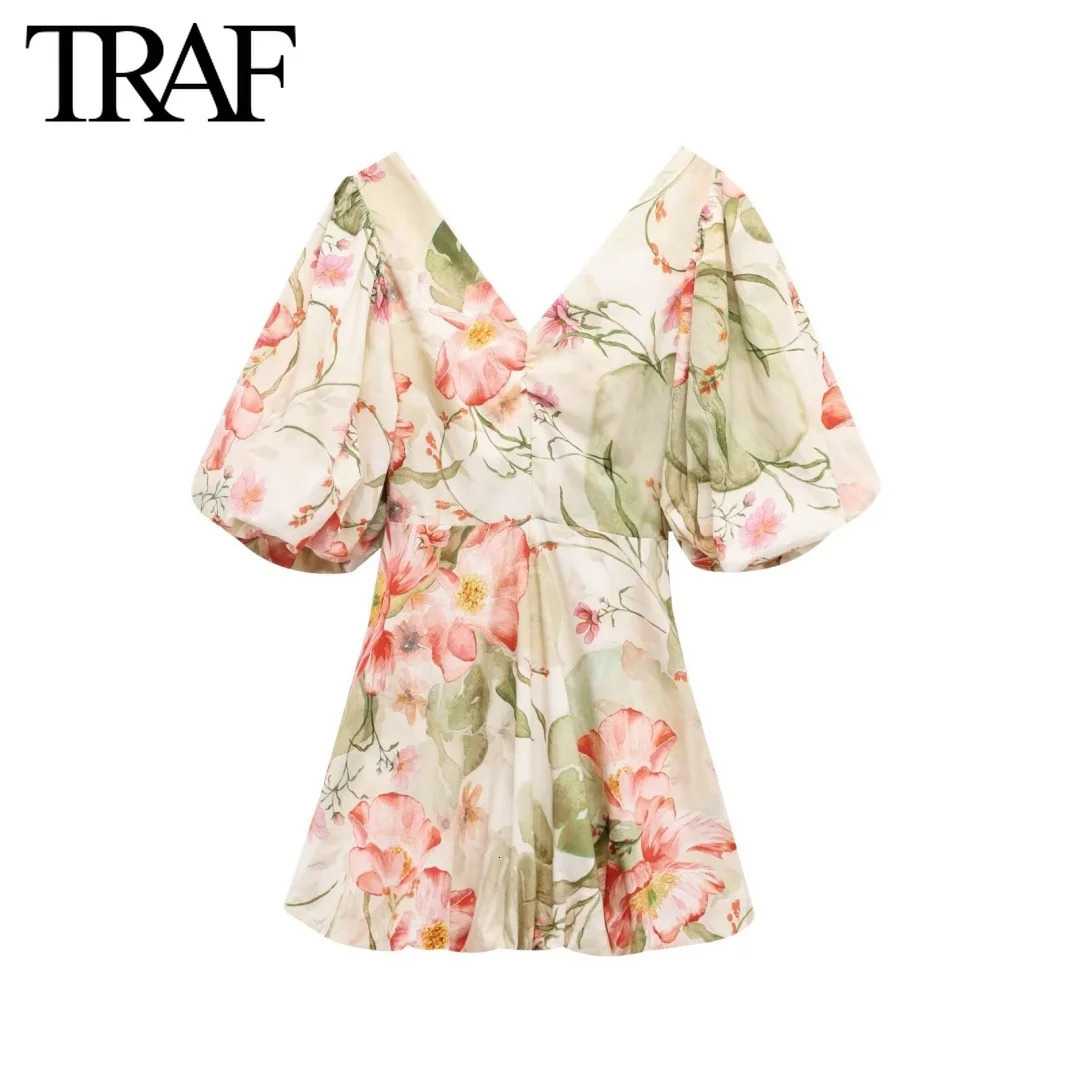 TRAF Dress for Women Fashion Summer Printing Bow Short Sleeved Vneck Mini Dresses French Chic Female Evening Clothing 250514