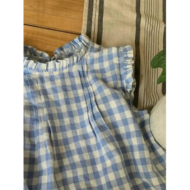 MEXZT Kawaii Plaid Shirts Women Japanese Preppy Cute Ruffles Patchwork Blouses Summer Korean Fashion Flying Sleeve Casual Tops 250514