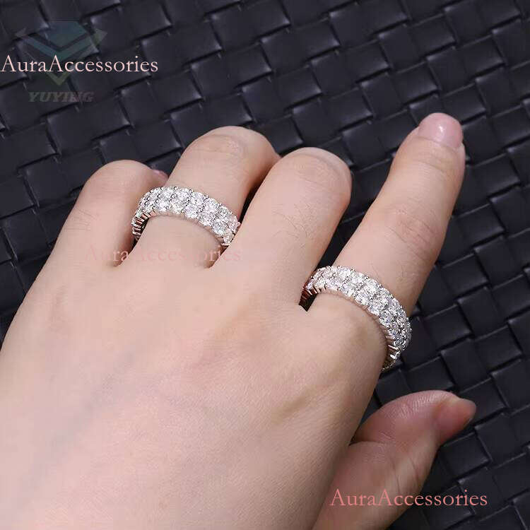 Rapper Jewelry 2rows Dia Iced Out Ring S Sterling Sier White Gold Micro VVS Moissanite Hip Hop Mens