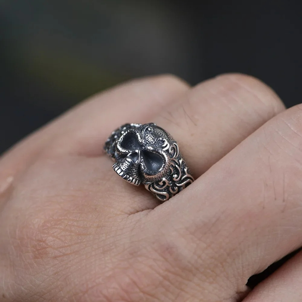 Gothic Punk Skull Rings For Men And Women 925 Sterling Silver Jewelry Resizable Vintage Flower Engraved Skeleton Finger Band 250509