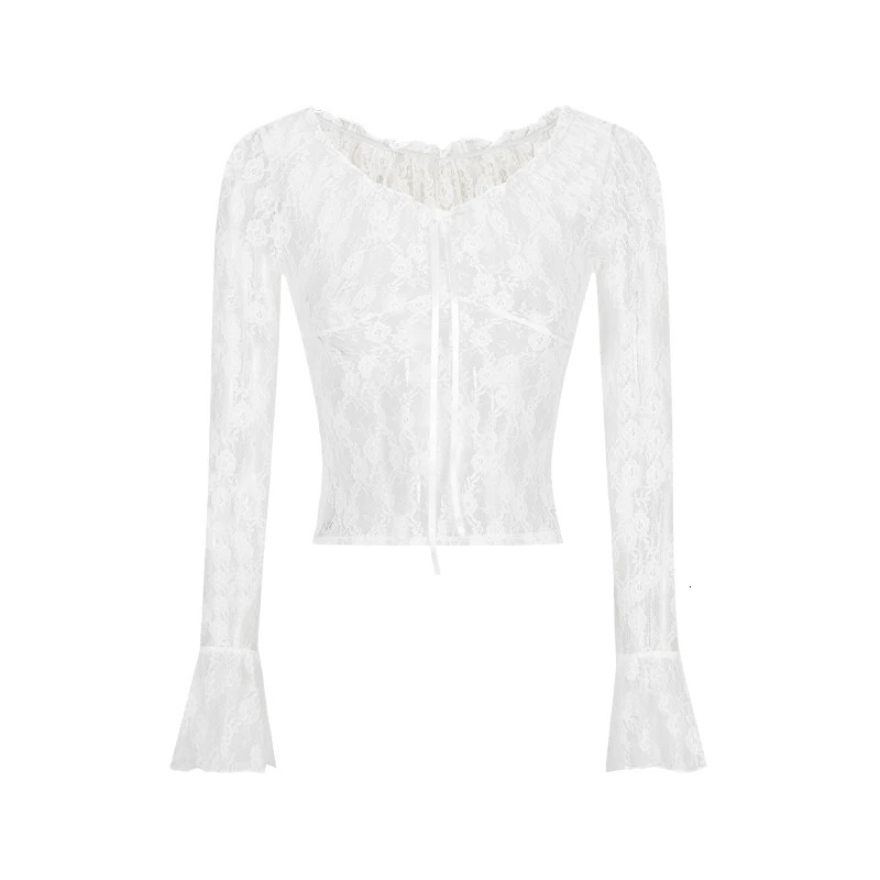 Womens Sexy Black Lace Hollowout Long Sleeve Blouse Korea Deep VNeck Shirt Summer Female BellSleeved Top 250514