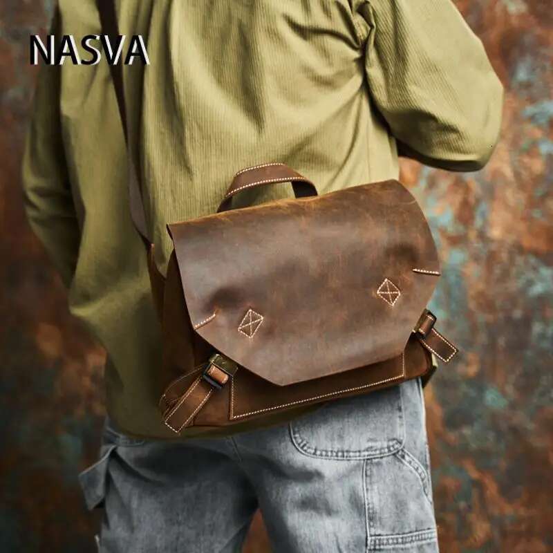 NASVA Genuine Leather Men's Vintage Fashion Shoulder Crossbody Daily Commuter Messenger Bag For 7.9 Ipad