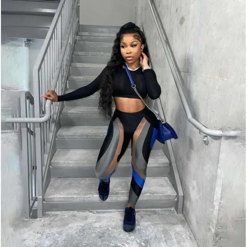 Getspring Women Leggings 2024 Autumn O Neck Full Sleeve Short Slim Top High Waist Patchwork Tight Long Pants Two Pieces Sets