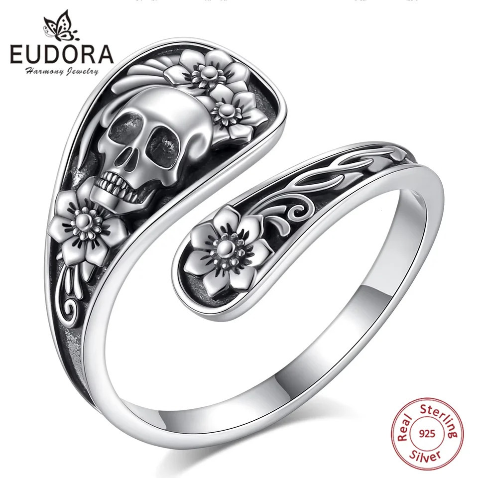 Eudora 925 Sterling Silver Gothic Skull Spoon Adjustable Ring Rose Flower Skeleton Ring Personality Jewelry Gift for Women Man 250509