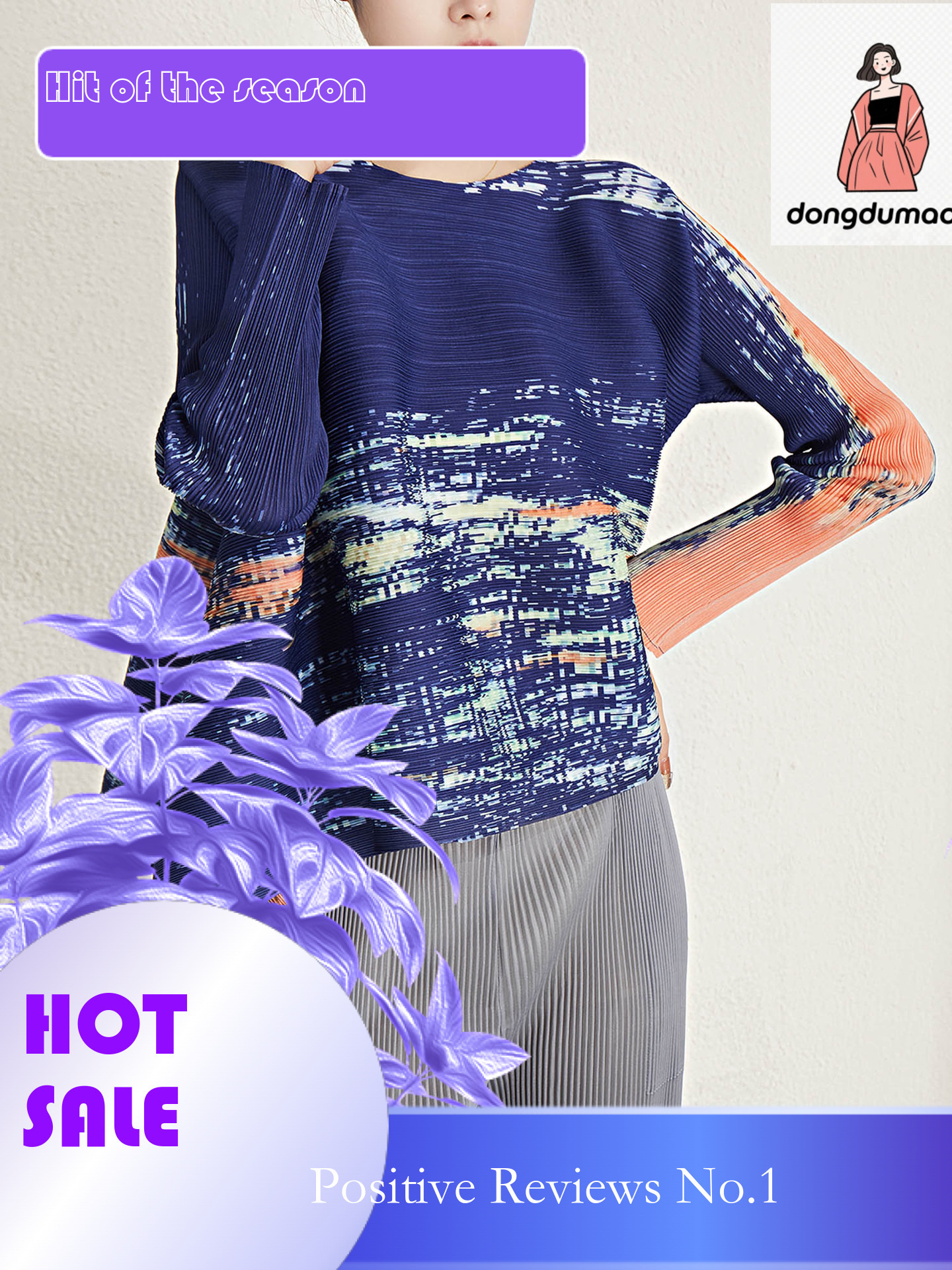 dongdumaoyi Wrinkled top spring new Miyake round neck printed T-shirt loose and slimming, covering the belly women's fashion style
