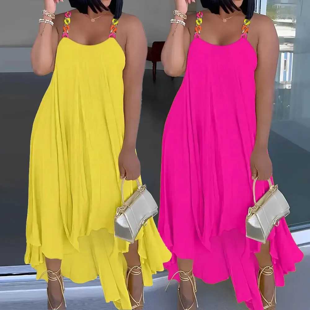 2025 Best Quality Famous Brand Dress Solid Spaghetti Strap Summer Casual Maxi DressXJ250514
