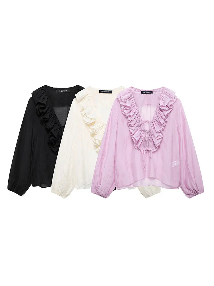 TRAFZA Fashion Women Ruffled Blouses Translucent Thin Lace Up Shirt Elegant Butterfly Pleated Long Sleeve Shirts Tops 250514