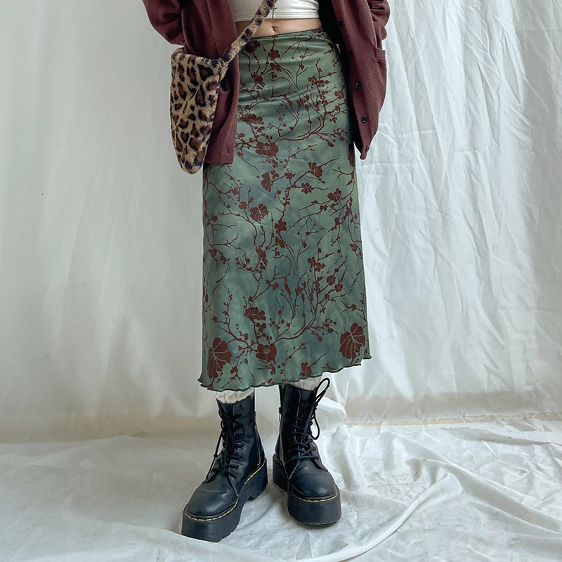 CIBBAR Harajuku Floral Print Long Skirt Vintage Low Rise Straight Midi Skirts for Women Spring Summer Allmatch Ladies Y2k 250514