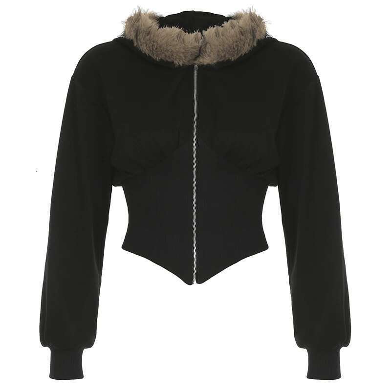 BIIKPIIK Fur Collar Hooded Women Coats Casual Zipper Slim Hoodies Simple All-Match Black Haruku Coat Autumn Winter Sweatshirts Designer