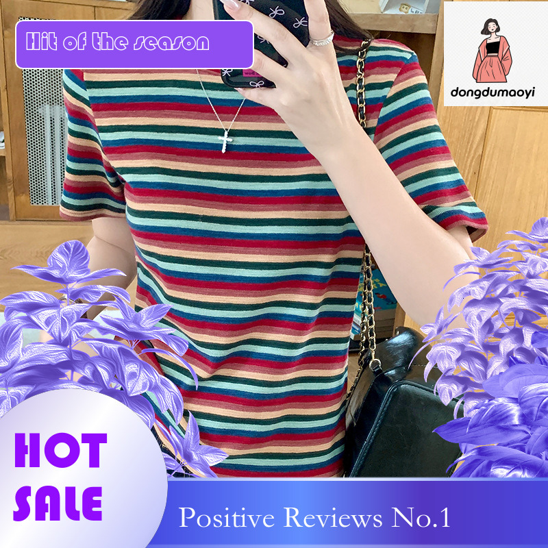 dongdumaoyi Colorful round neck striped short sleeved T-shirt for women's summer new stylish color blocked T-shirt, slim fit and slimming top