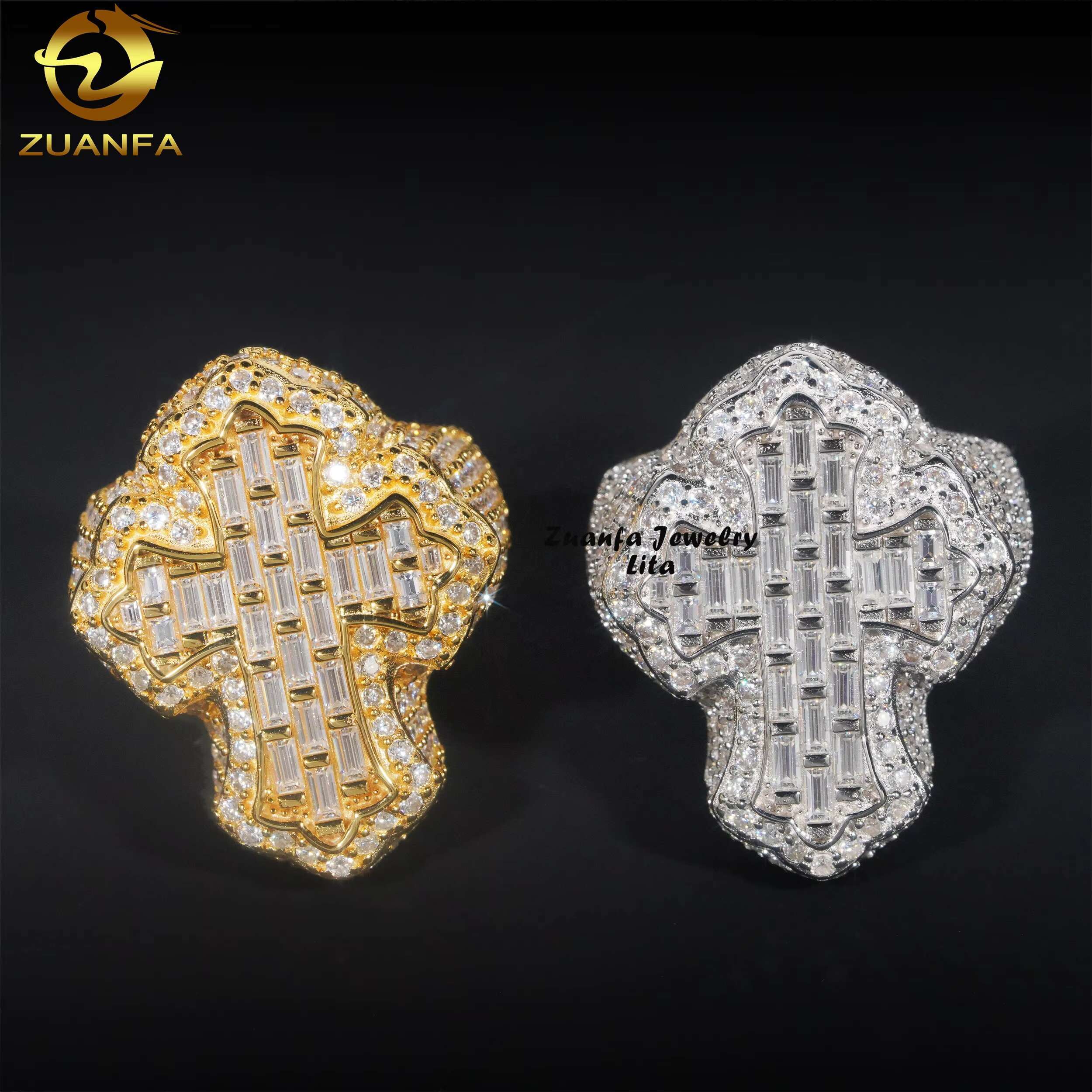Wholesale Price Top Quality Iced Out Jewelry 925 Sterling Silver Mens Hip Hop Moissanite Cross Ring