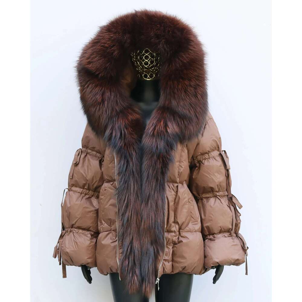Women's Winter Duck Jacket Genuine Fox Fur Hooded Down Coat Bread Outerwear Fashion Elegant Lantern Bow Sleeve