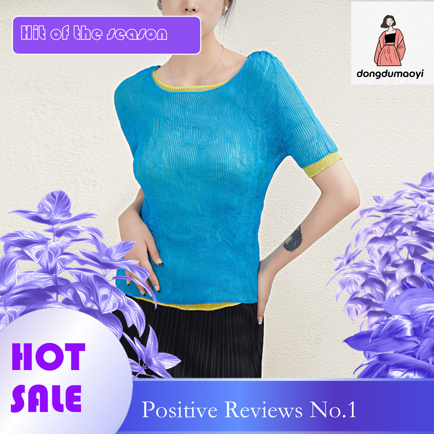 dongdumaoyi Miyake summer vacation two short sleeved T-shirts with women's pleated design, unique and niche slim fit bottom shirt, top in Instagr