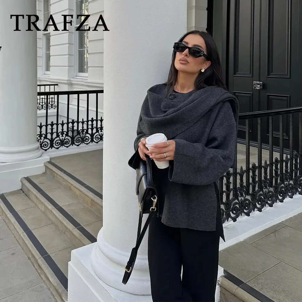 TRAFZA Autumn Winter Casual Knitted Fashion Solid Streetwear Loose Scarf Collar Demi-season Jacket For Women