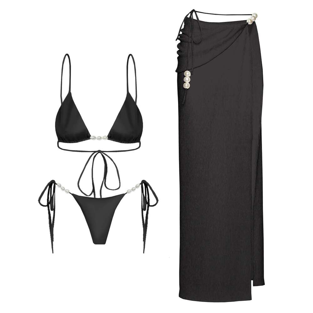 3Pcs Sexy Bikini Set With Cover Up Pearls White Swimsuit Women Halter Swimwear Female Off Shoulder Bathingsuit Biquini Beachwear
