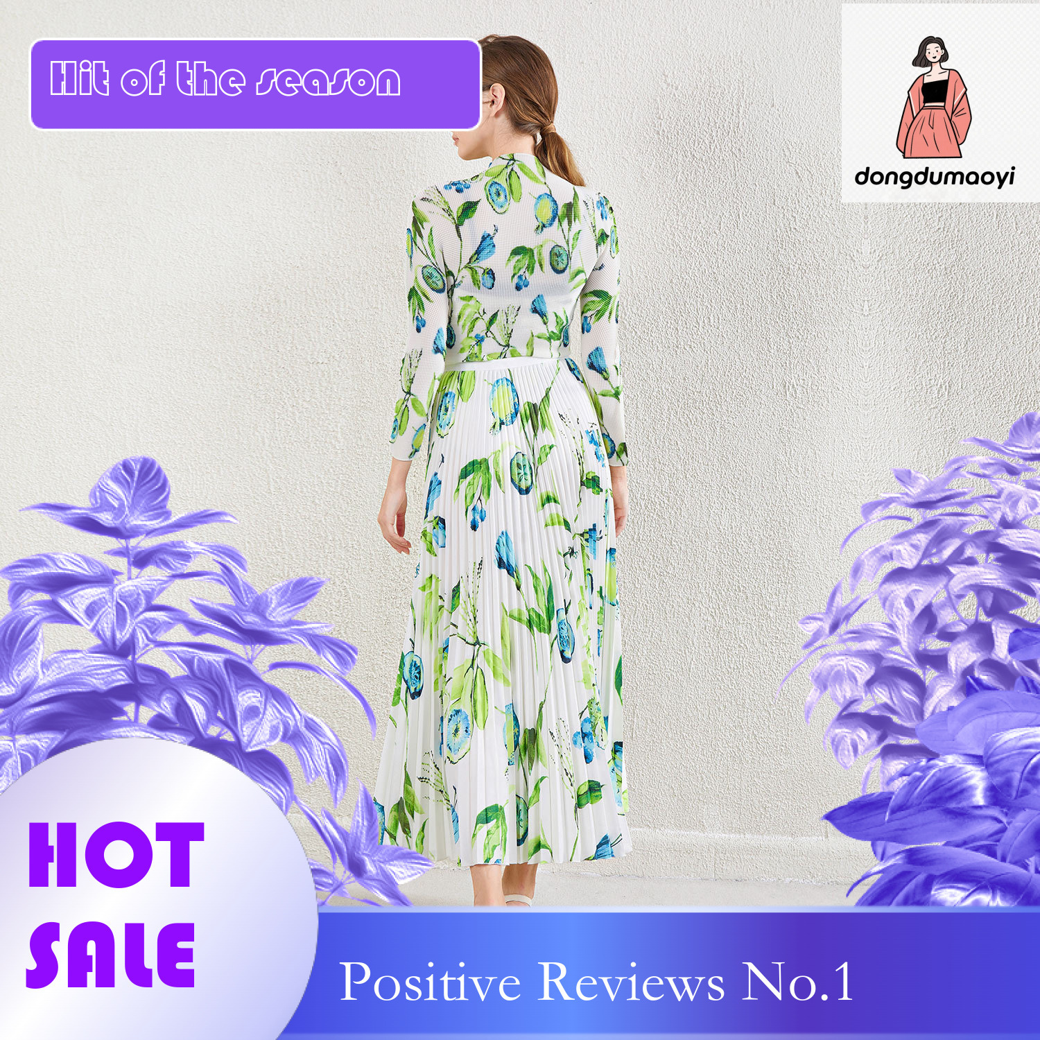 dongdumaoyi Colorful high waisted half women's large swing skirt, new printed top, slim fit small shirt, pleated set