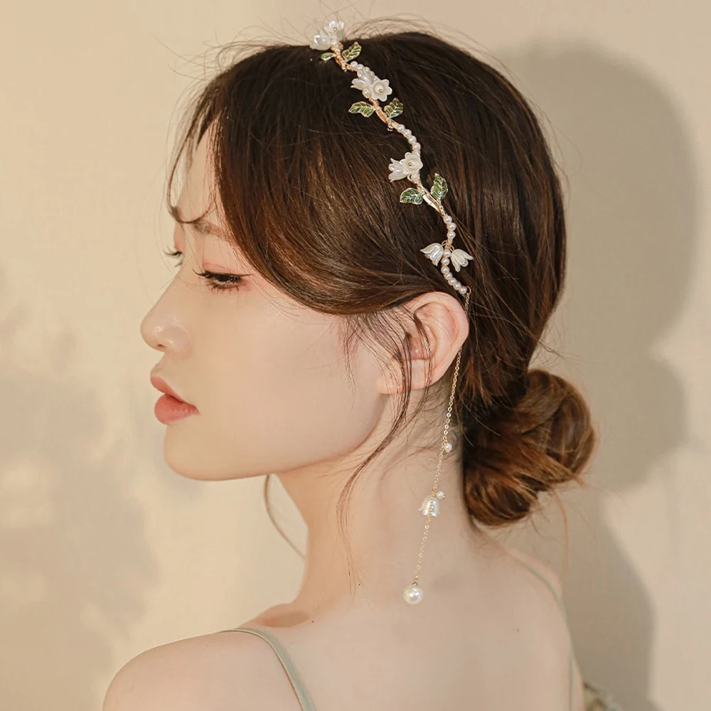 Green Leaf Lily Of The Valley Hair Hoops Hair Band Curved Pearl Tassel Headband Girls Elegant Temperament Hair Accessories 250509