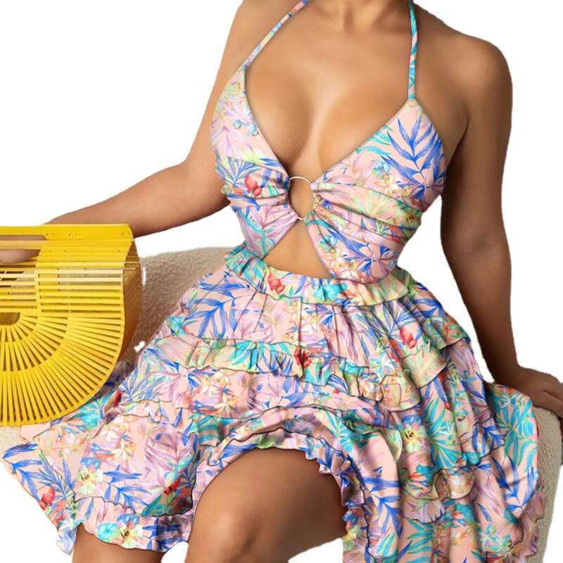 Skirt Birthday Dress Festival Womens 2025 Hollow Strap V-neck Temperament Hanging Neck Printed Suspender Dress