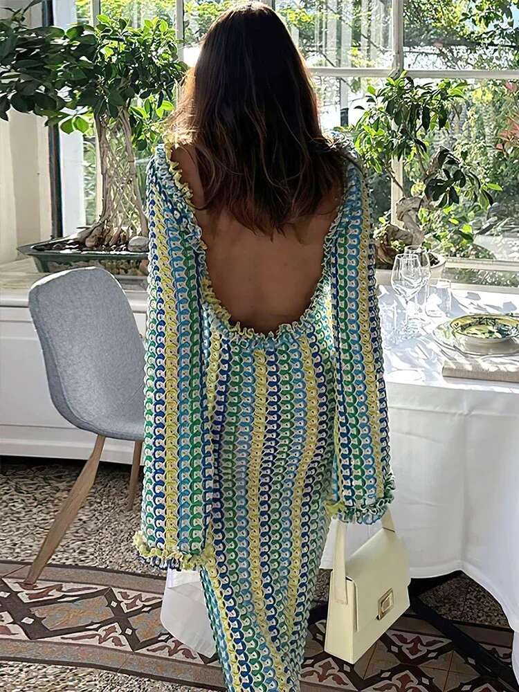 Sexy Backless Flare Sleeve Lace Knit Cut Out Party Beach Maxi Dress 2025 Summer Women Vacation Beachwear Swimsuit Cover Up A2815