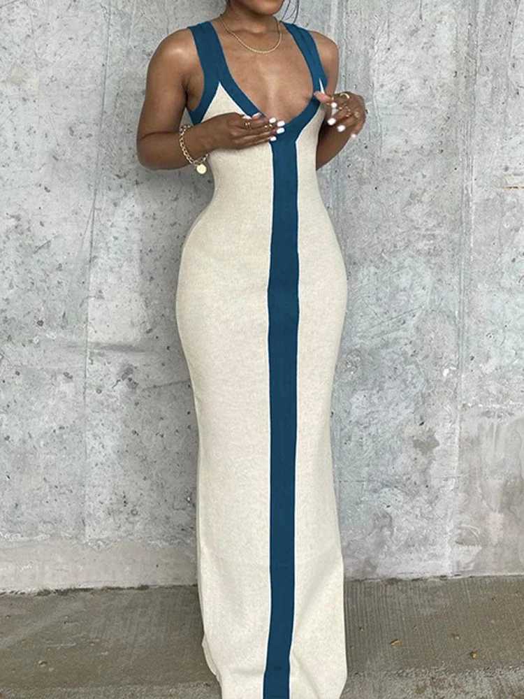 Sexy V-neck Contrast Color Off-shoulder Sleeveless Striped Wide Sling Split Hem Long Dress Temperament Party Club Casual ClothesXJ250514