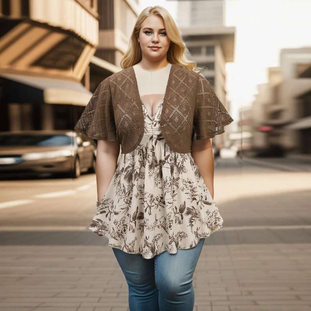 ROSEGAL Plus Size Women's Clothing Floral Leaf Camis Top And Lace Crochet Blouse Casual Set New Crop T-Shirts Vest Two Pieces