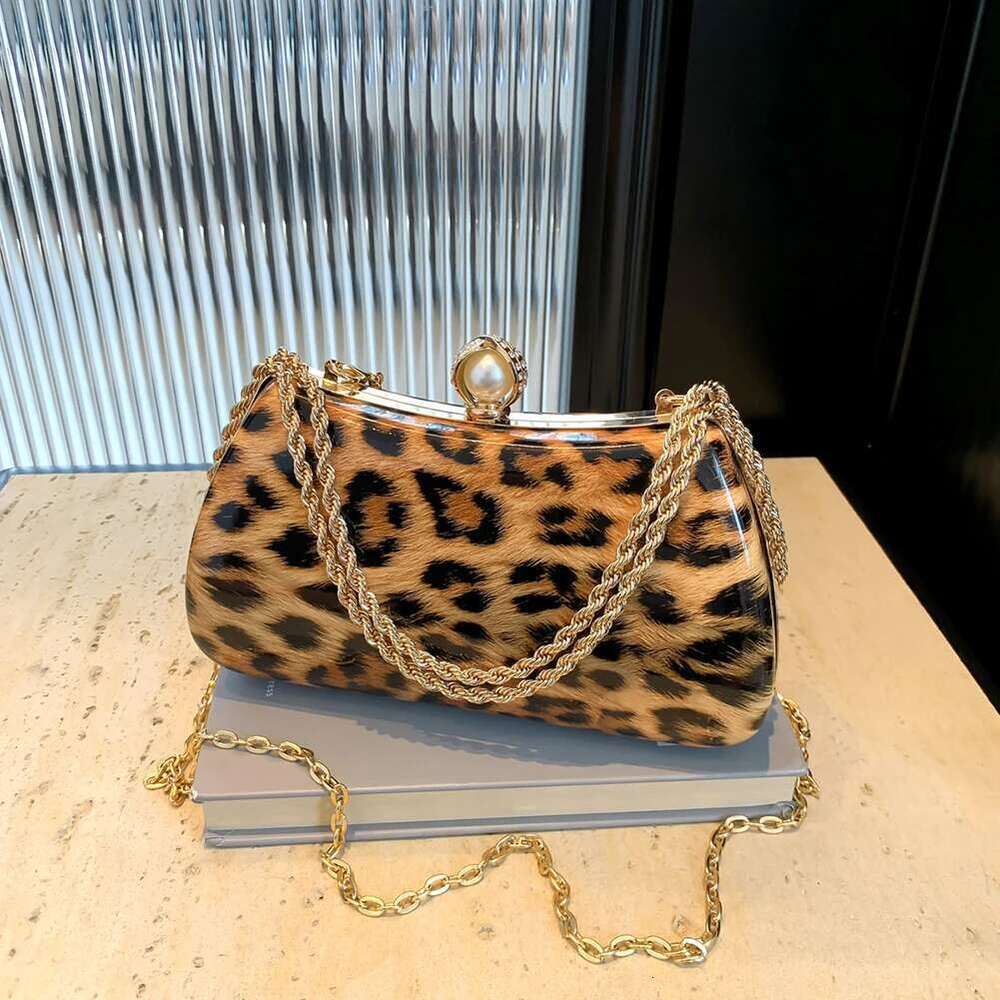 Women Handbag Leopard Shoulder Bag Chain Clutch Purse Rhinestone Top Handle Satchel For Wedding Party Prom