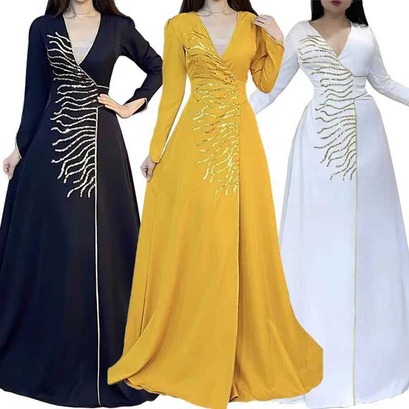 Hand-made Beading Diamonds Middle East Evening Dress V Neck Elegant Women Muslim Abayas Dubai Party Maxi Dreses Gowns Vestidos X250514
