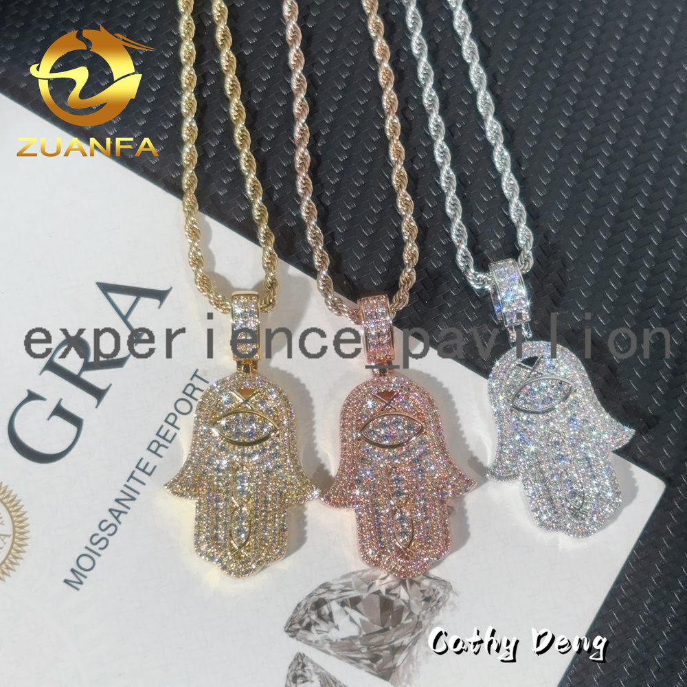 Ready to Ship Moissanite Hip Hop Jewelry Hamsa Iced Out Pendant Sterling Silver 925 Moissanite Pendant With Rope Chain for Men