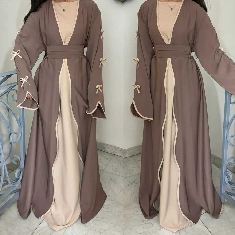 Bowknot Open Abaya for Women (No Inner) Ramadan Eid Hijabi Outfit Dubai Turkish Modest Islamic Clothing Muslim Kimono Abaya X250514