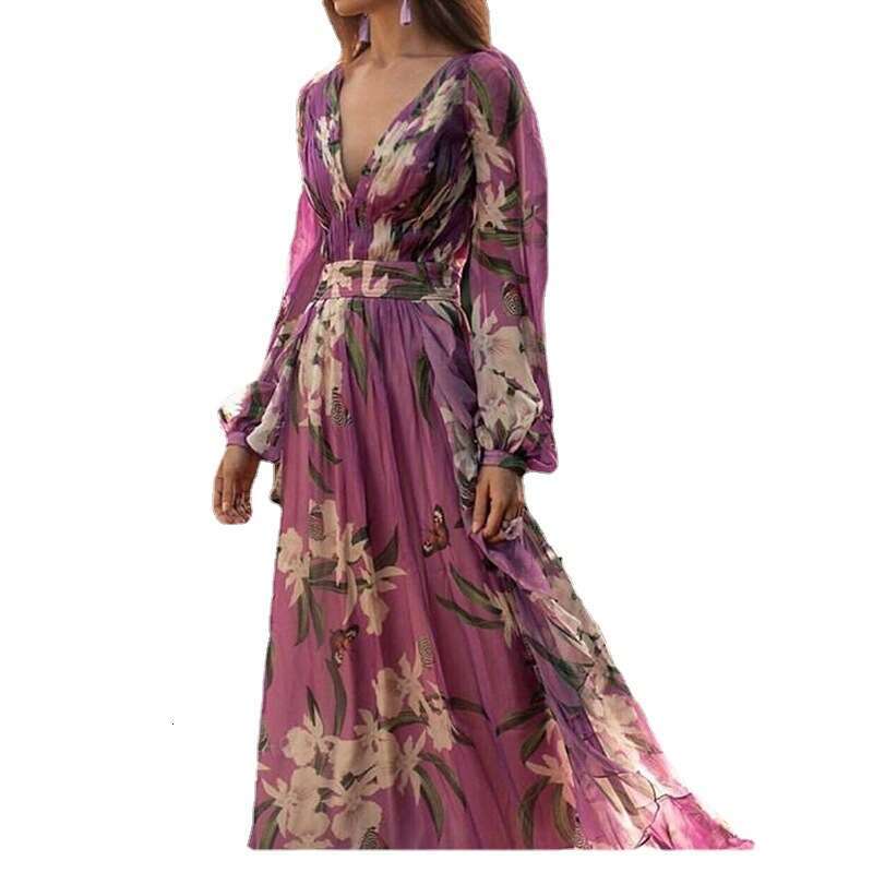 2025 Summer New Printed Women's V-neck Sleeve Wind Fairy Big Swing Long Dress