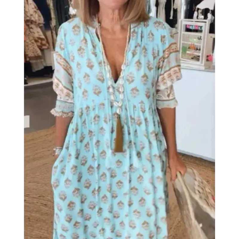 Womens Boho Printed Chic V-neck Long Dresses 2025 Summer Spring Pocket Party Dress Fall Half Lantern Sleeve Ruffles DressesXJ250514